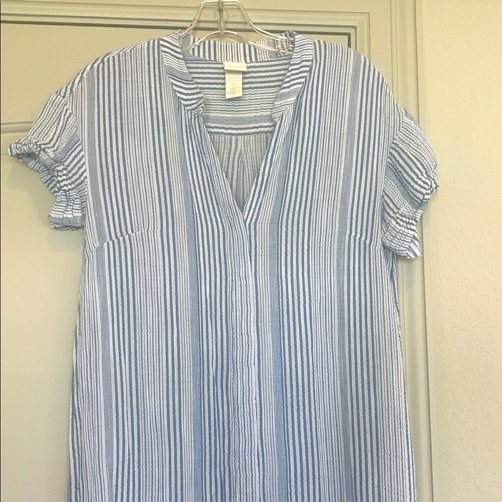 H&M Blue/ White Stripe Short Sleeve Cover—Up